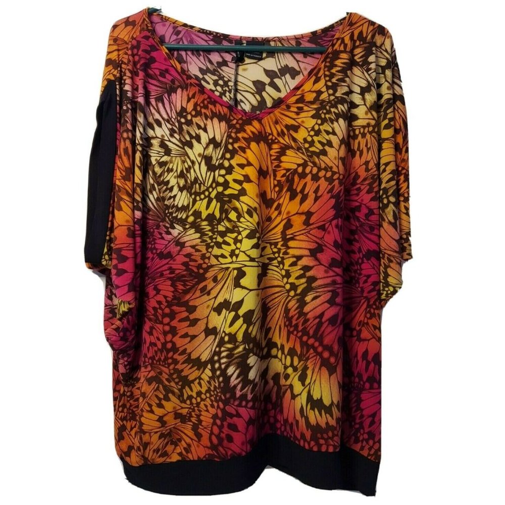 New Directions Womens Tunic Top 3X Colorful Butterfly Slit Sleeves Stretch